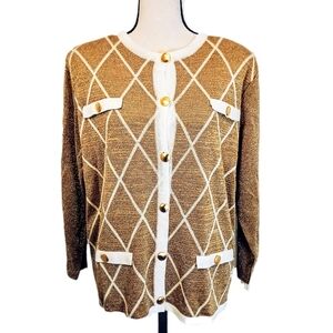 Vintage Glam Lilly of California Metallic Gold Argyle Knit Cardigan Sweater M
